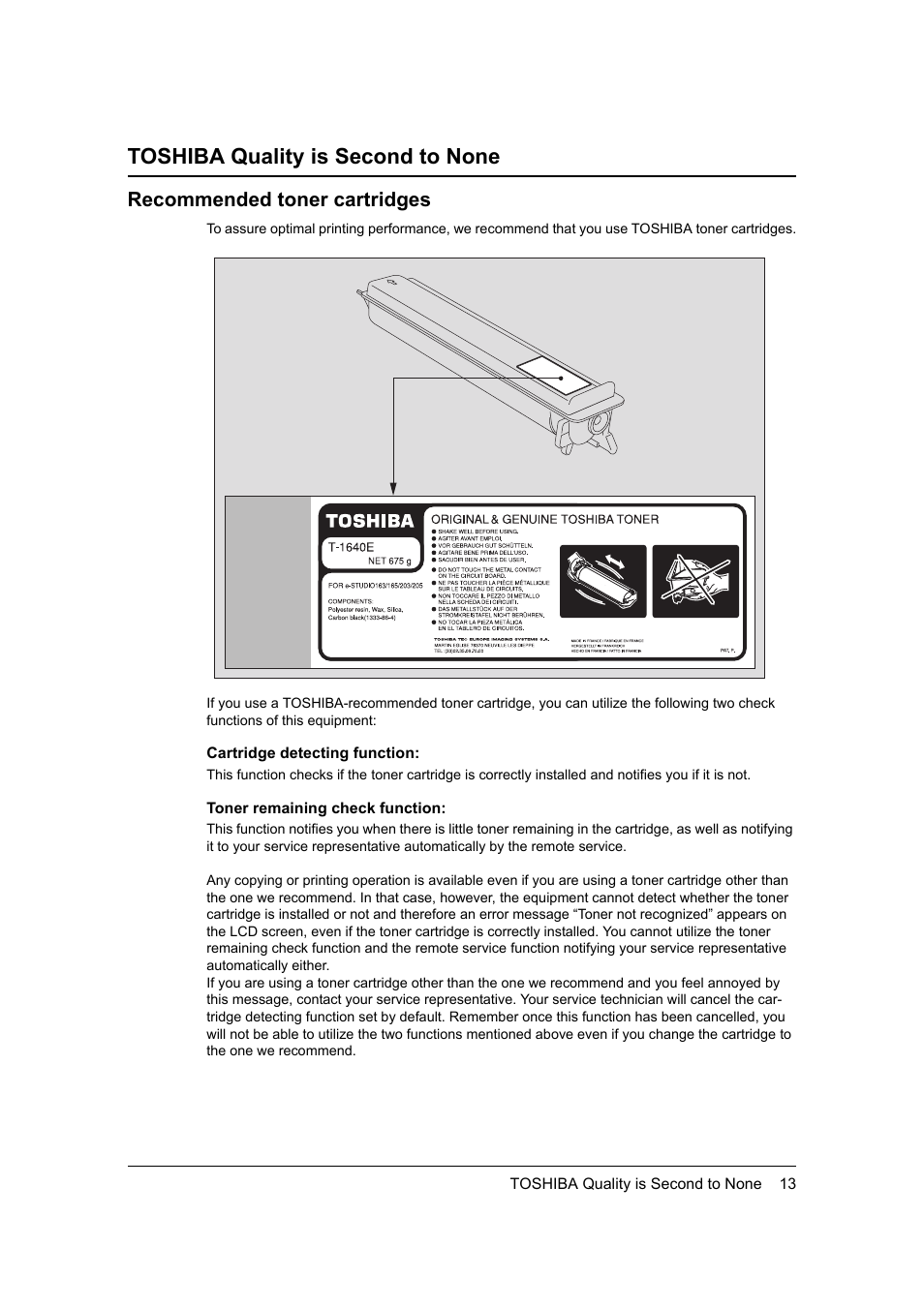 Toshiba quality is second to none, Recommended toner cartridges | Toshiba 165 User Manual | Page 15 / 224