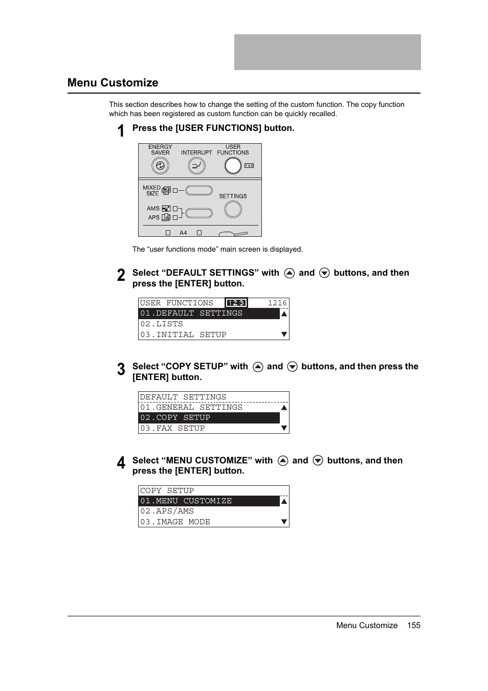 Menu customize, P.155 “menu customize | Toshiba 165 User Manual | Page 157 / 224