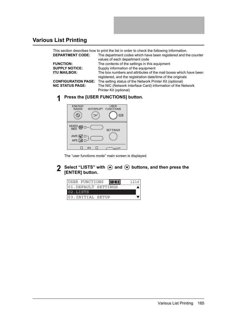 Various list printing | Toshiba 165 User Manual | Page 167 / 224