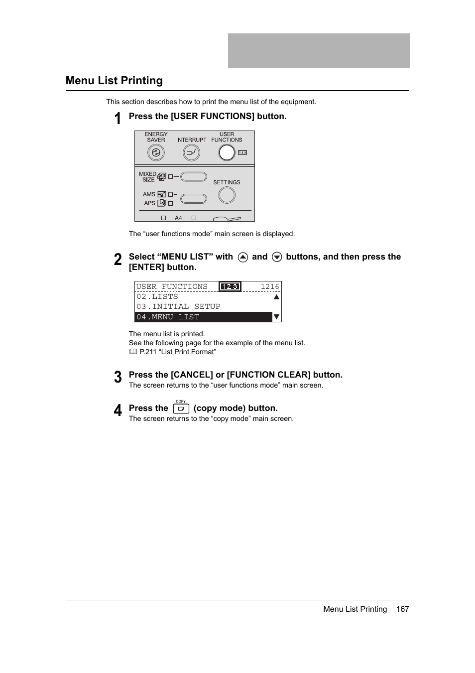 Menu list printing | Toshiba 165 User Manual | Page 169 / 224