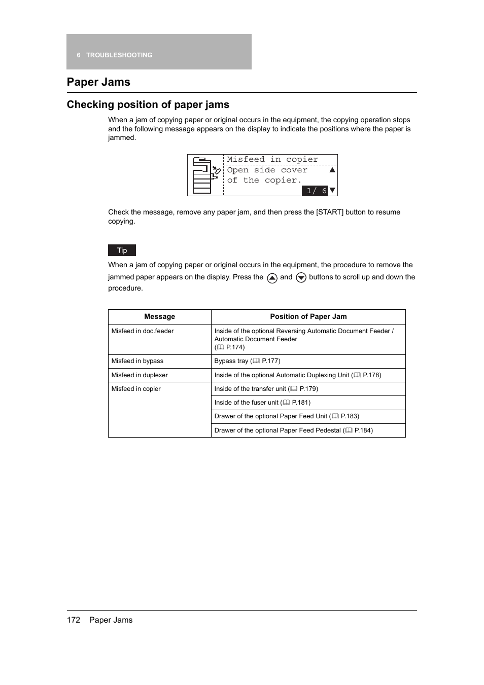 Paper jams, Checking position of paper jams, P.172 “paper jams | Toshiba 165 User Manual | Page 174 / 224