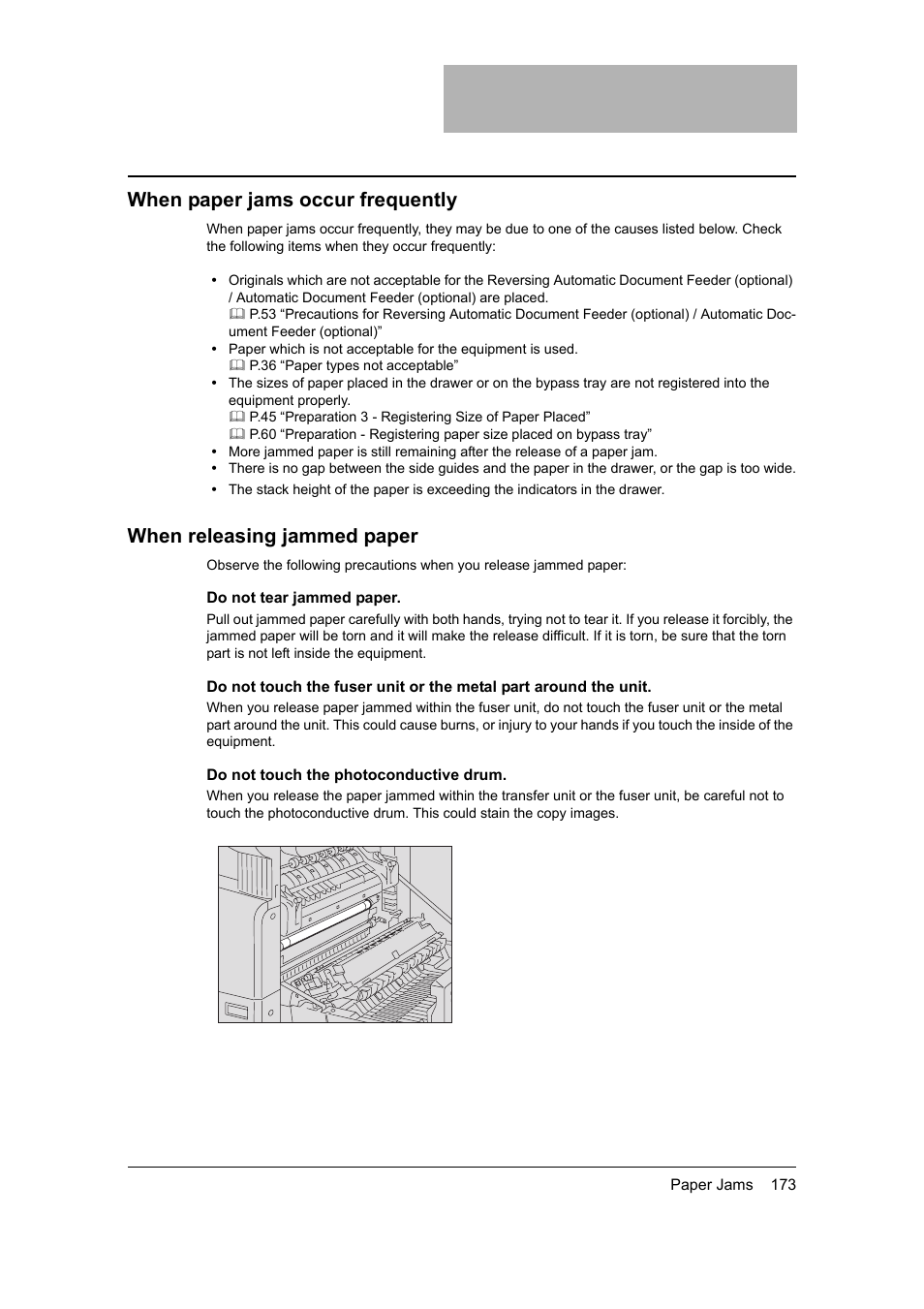 When paper jams occur frequently, When releasing jammed paper | Toshiba 165 User Manual | Page 175 / 224