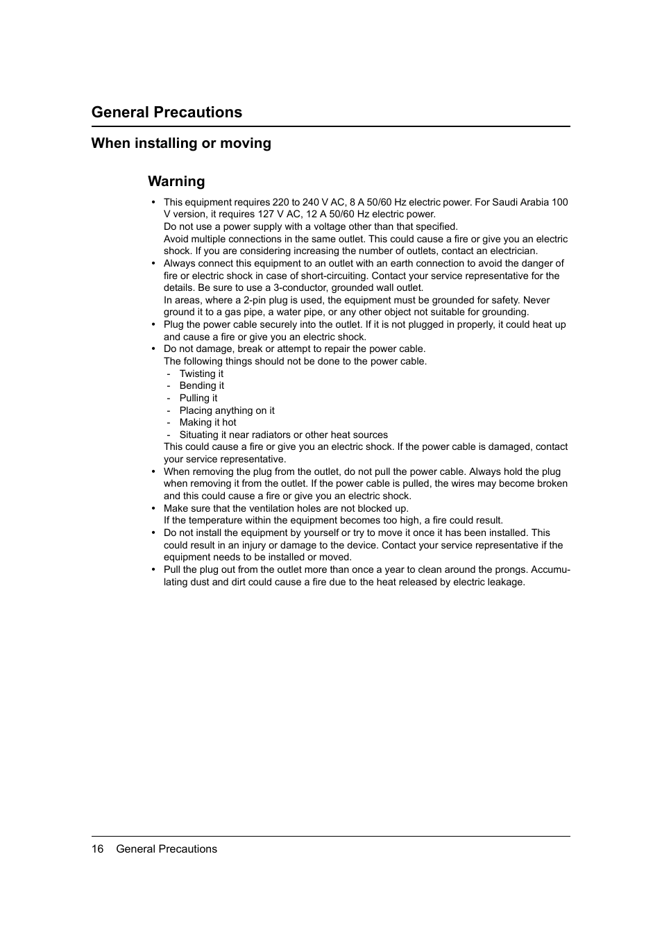 General precautions, When installing or moving, When installing or moving warning | Toshiba 165 User Manual | Page 18 / 224