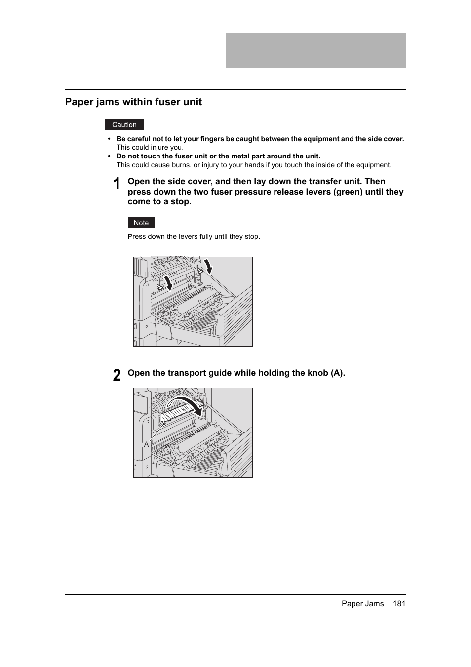 Paper jams within fuser unit, The fuser unit ( p.181) | Toshiba 165 User Manual | Page 183 / 224