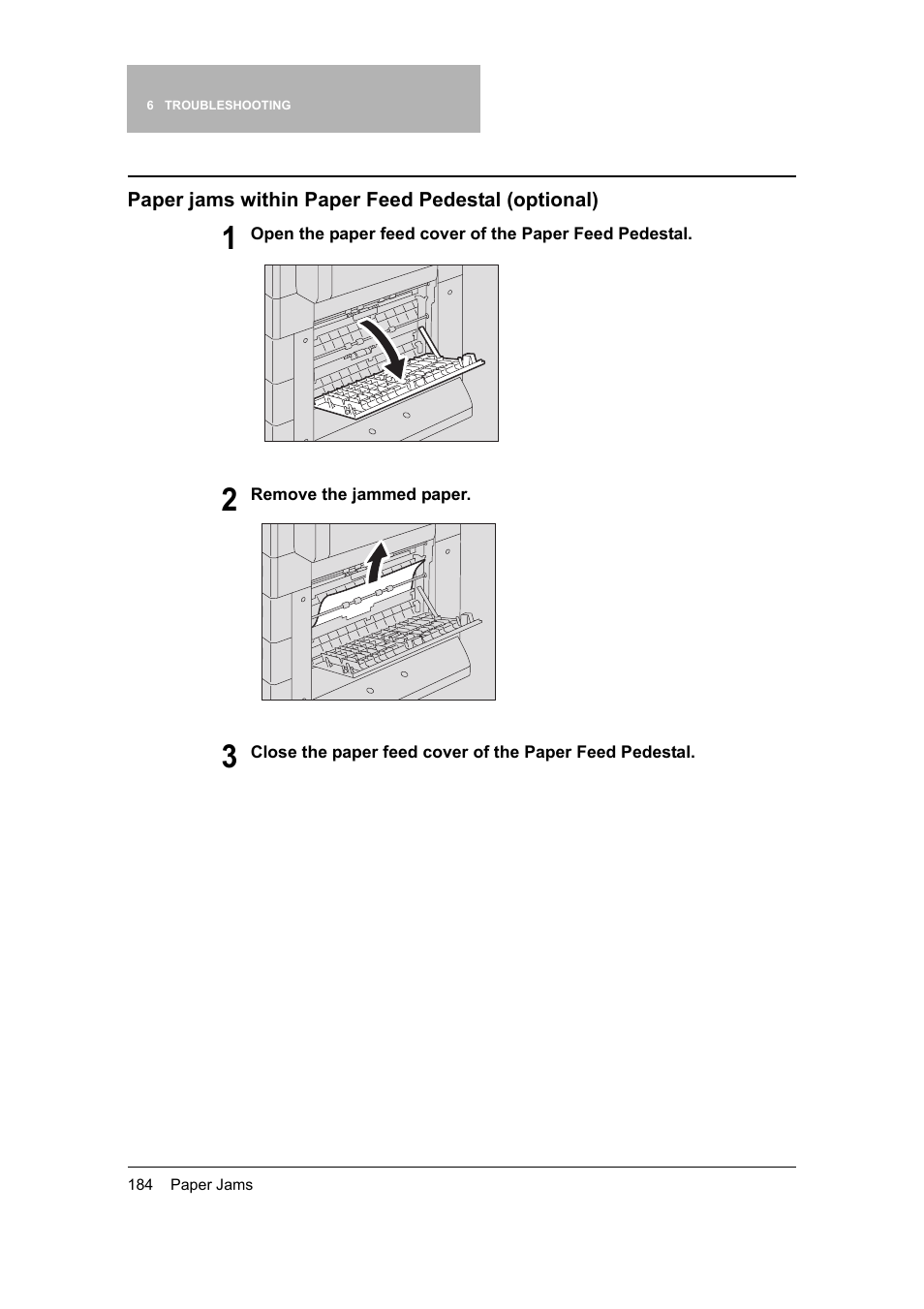 Paper jams within paper feed pedestal (optional), P.184) | Toshiba 165 User Manual | Page 186 / 224