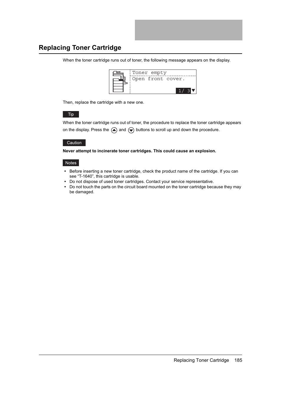 Replacing toner cartridge, P.185 “replacing toner cartridge | Toshiba 165 User Manual | Page 187 / 224