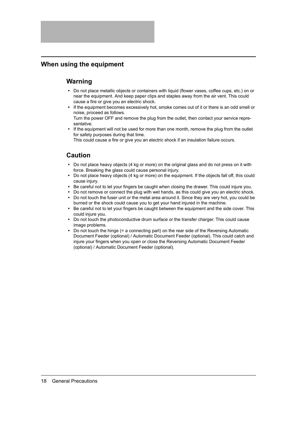 When using the equipment, When using the equipment warning, Caution | Toshiba 165 User Manual | Page 20 / 224