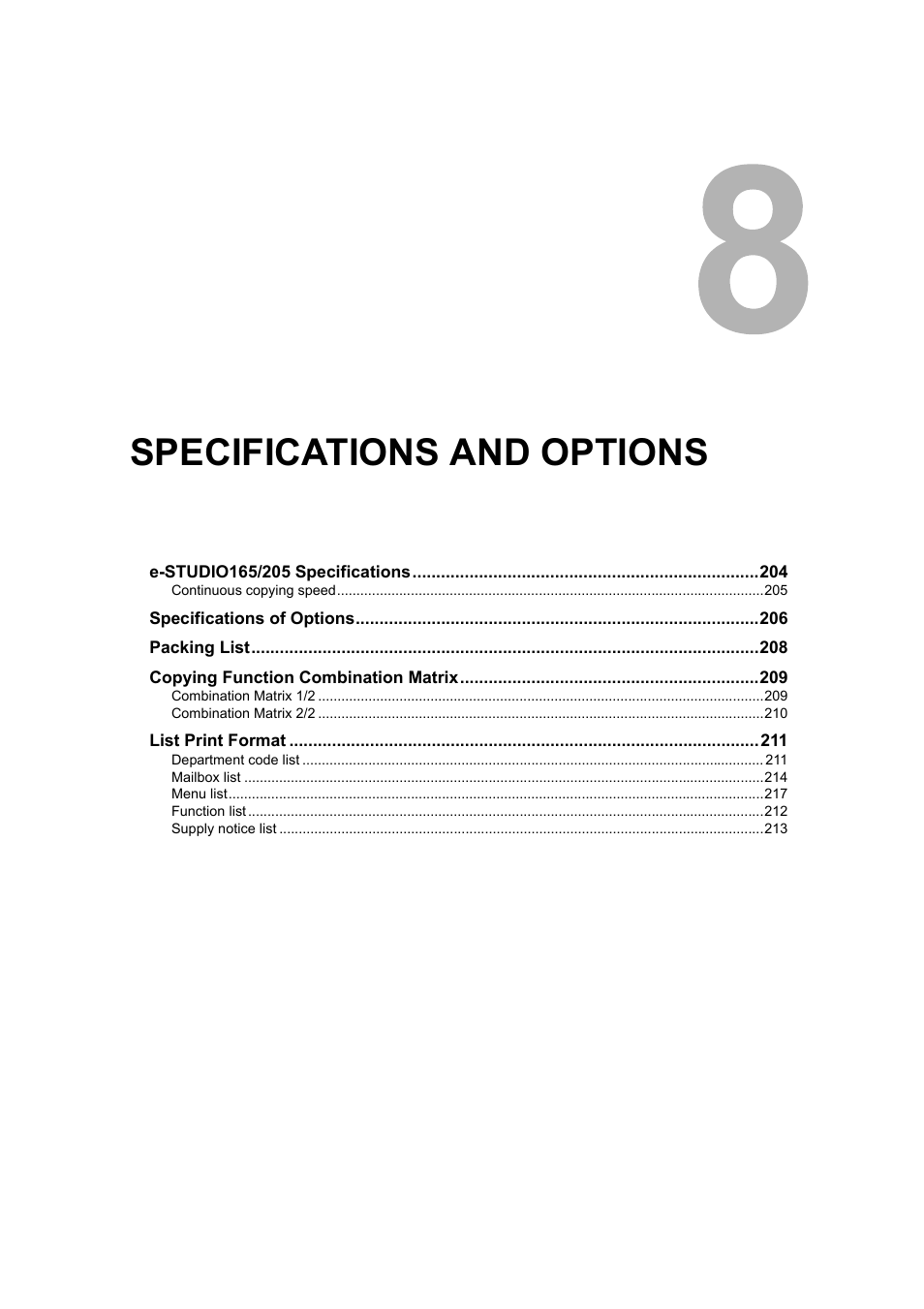 Specifications and options, Chapter 8 | Toshiba 165 User Manual | Page 205 / 224