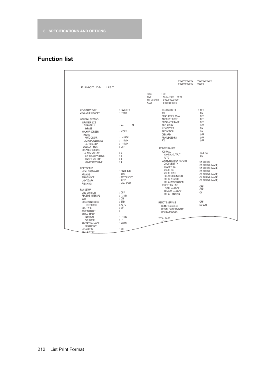 Function list, 212 list print format | Toshiba 165 User Manual | Page 214 / 224