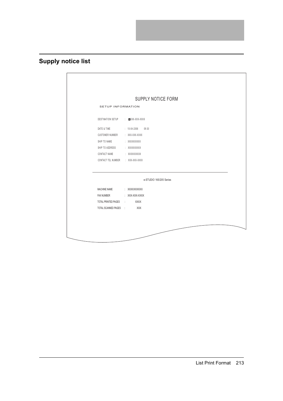 Supply notice list, Supply notice form, List print format 213 | Toshiba 165 User Manual | Page 215 / 224