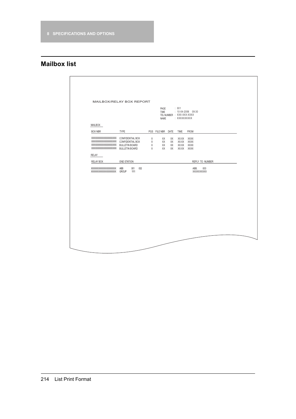 Mailbox list, 214 list print format | Toshiba 165 User Manual | Page 216 / 224