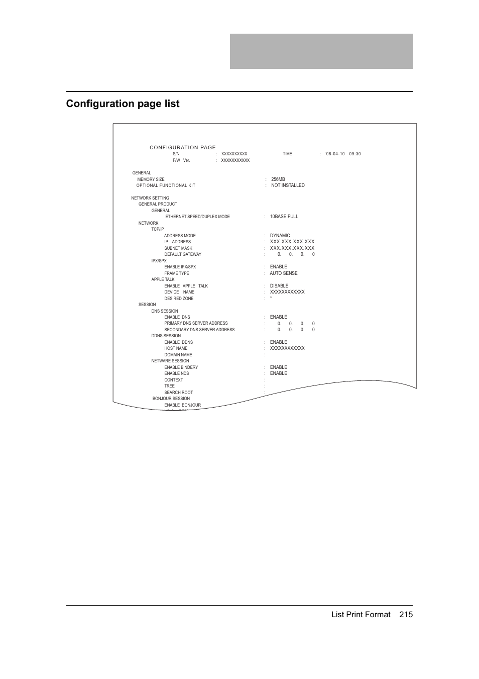 Configuration page list, List print format 215 | Toshiba 165 User Manual | Page 217 / 224