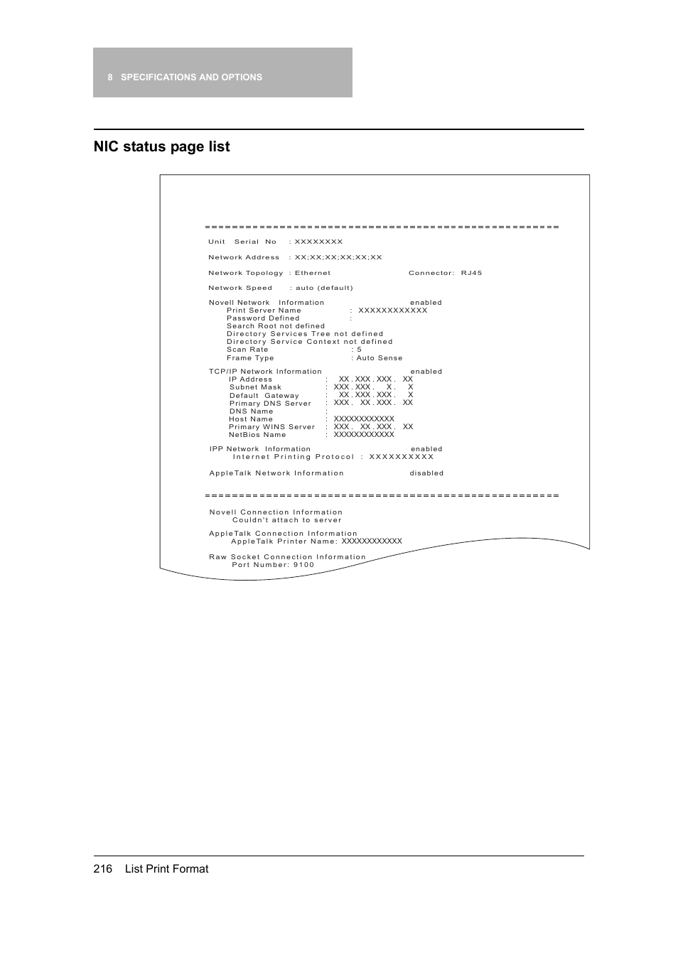 Nic status page list, 216 list print format | Toshiba 165 User Manual | Page 218 / 224