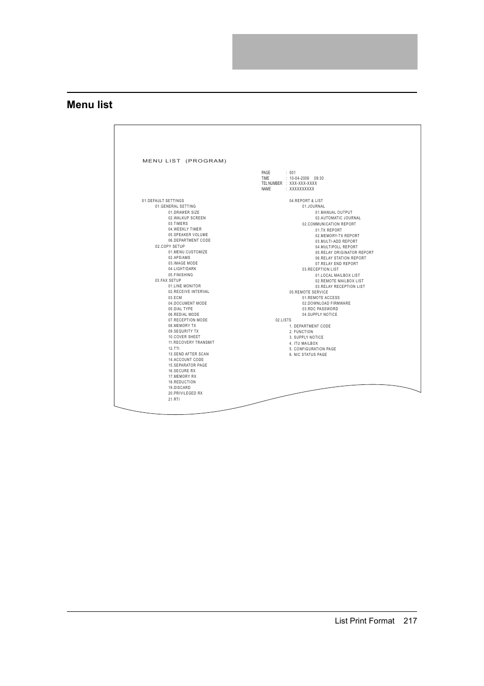 Menu list, List print format 217 | Toshiba 165 User Manual | Page 219 / 224