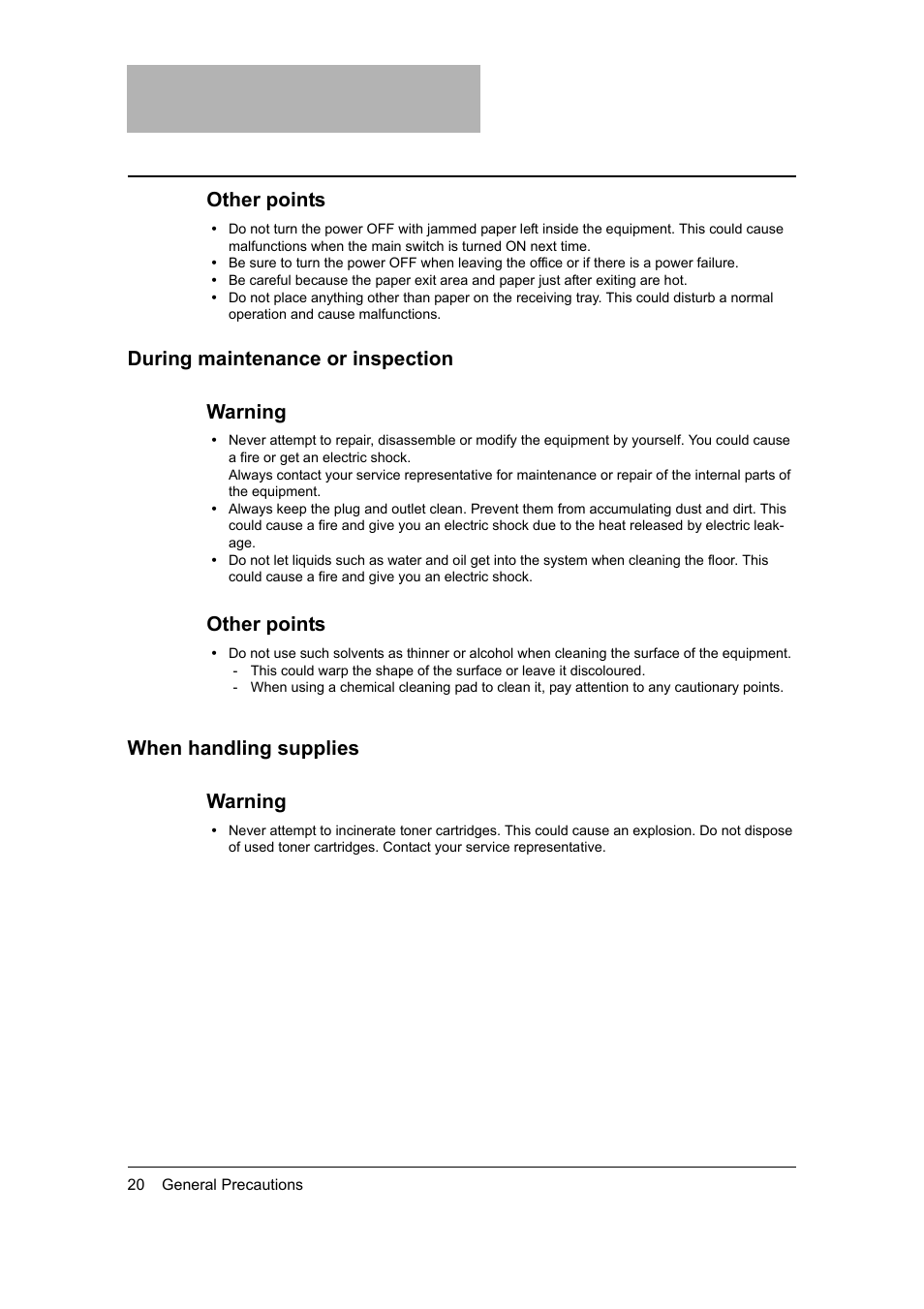 During maintenance or inspection, When handling supplies, Other points | During maintenance or inspection warning, When handling supplies warning | Toshiba 165 User Manual | Page 22 / 224