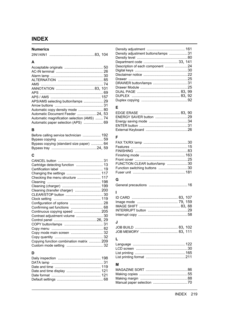 Index | Toshiba 165 User Manual | Page 221 / 224