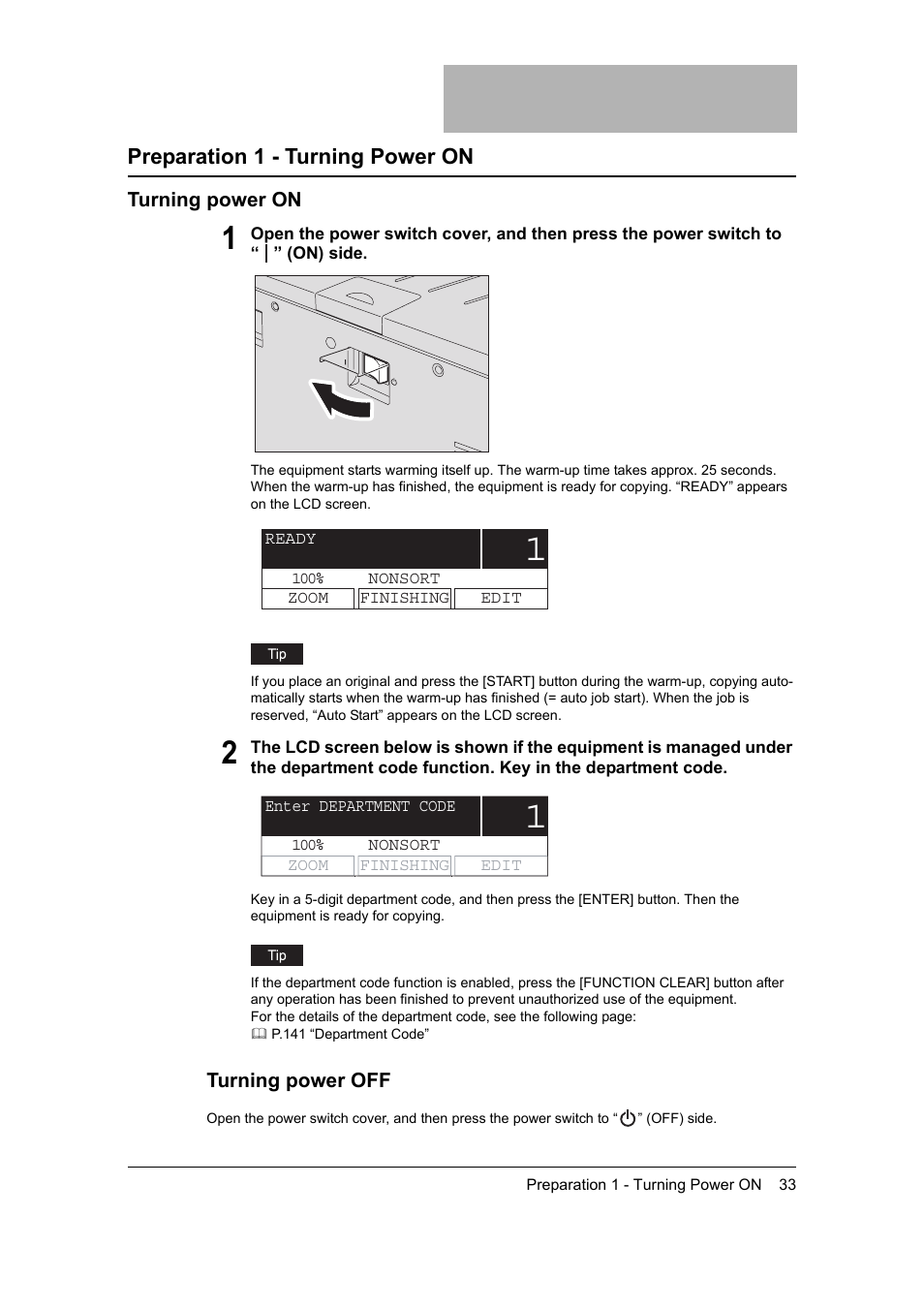 Preparation 1 - turning power on, Turning power on, P.33 “preparation 1 - turning power on | Toshiba 165 User Manual | Page 35 / 224