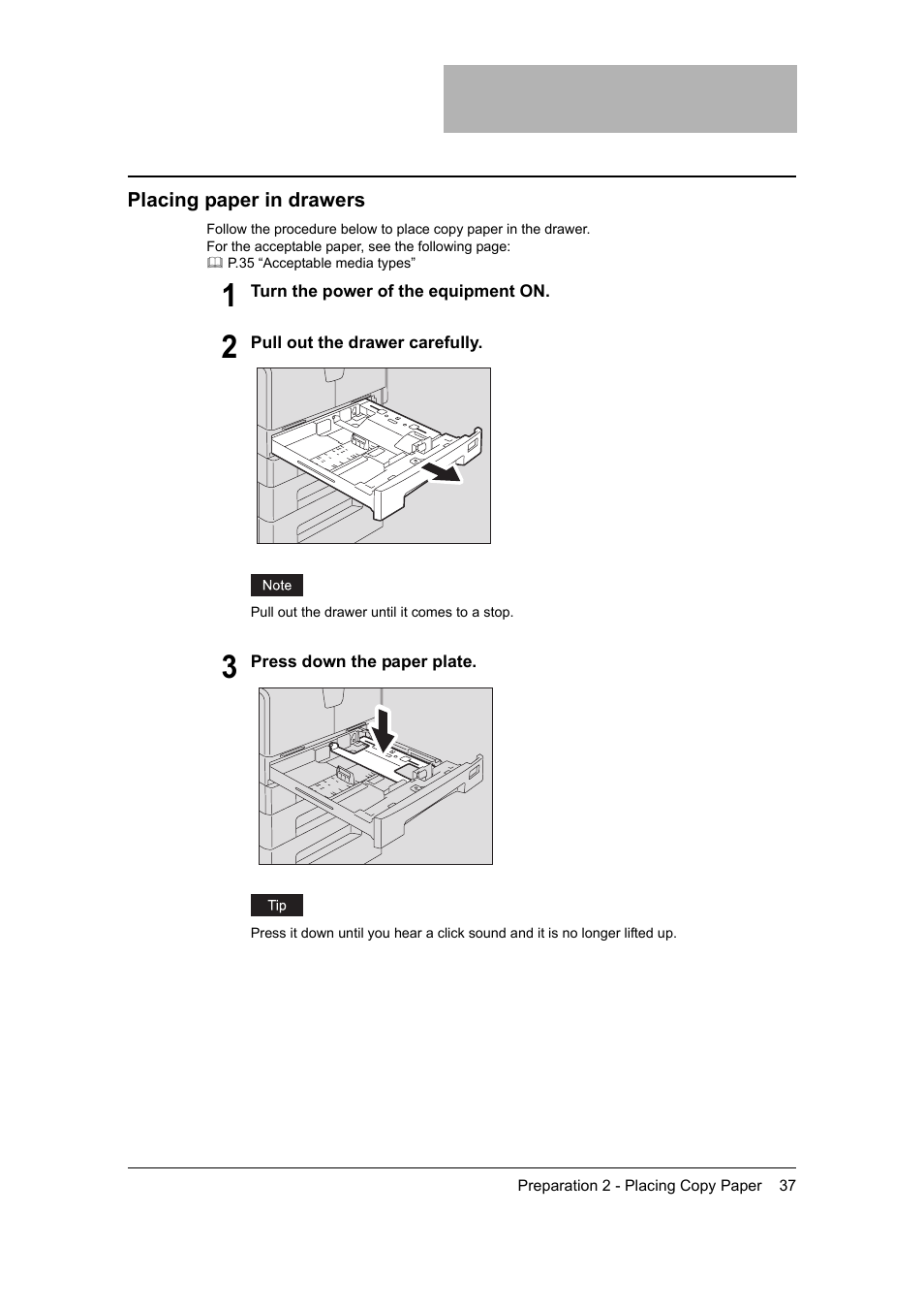 Placing paper in drawers | Toshiba 165 User Manual | Page 39 / 224