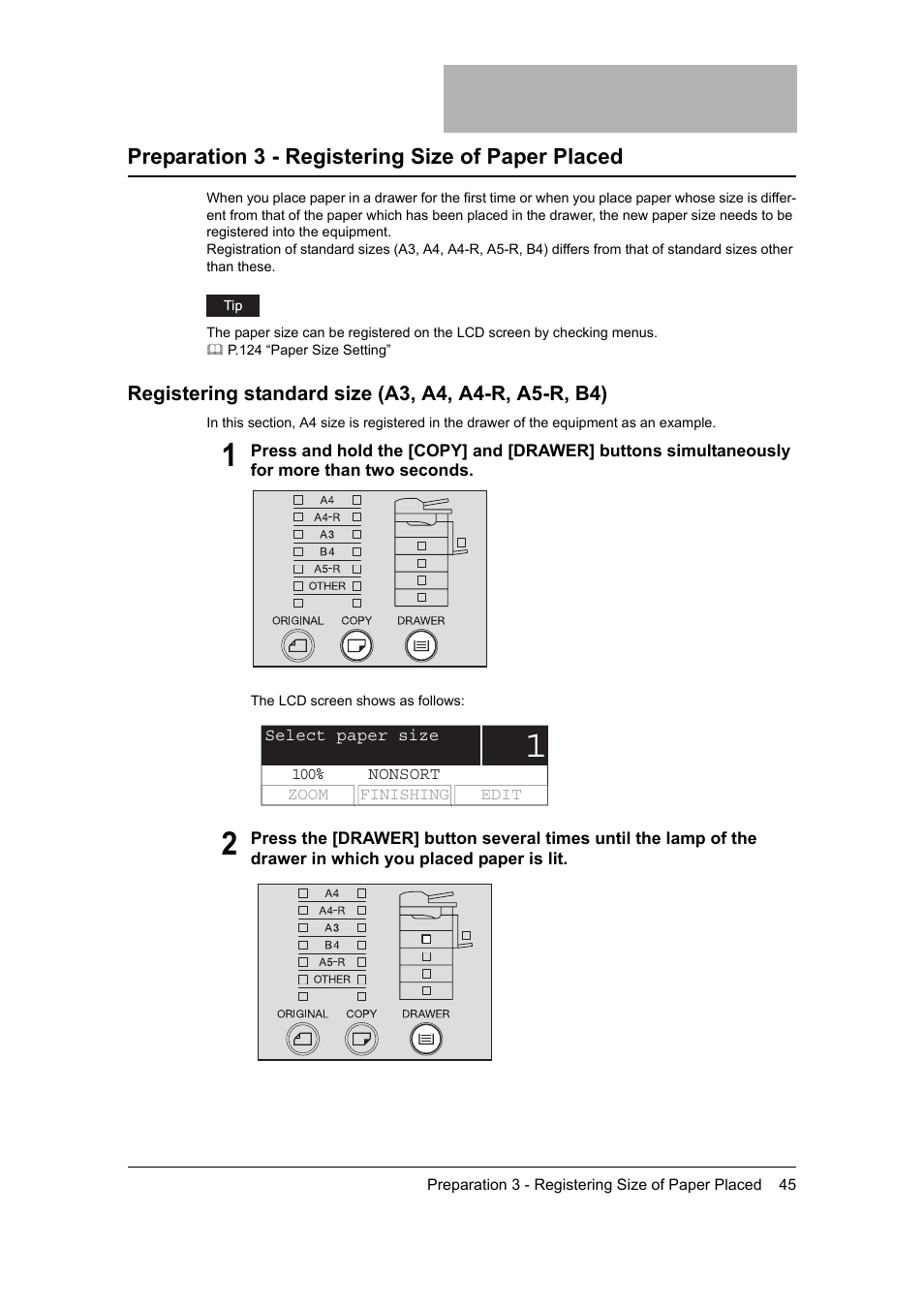 Preparation 3 - registering size of paper placed, Registering standard size (a3, a4, a4-r, a5-r, b4) | Toshiba 165 User Manual | Page 47 / 224