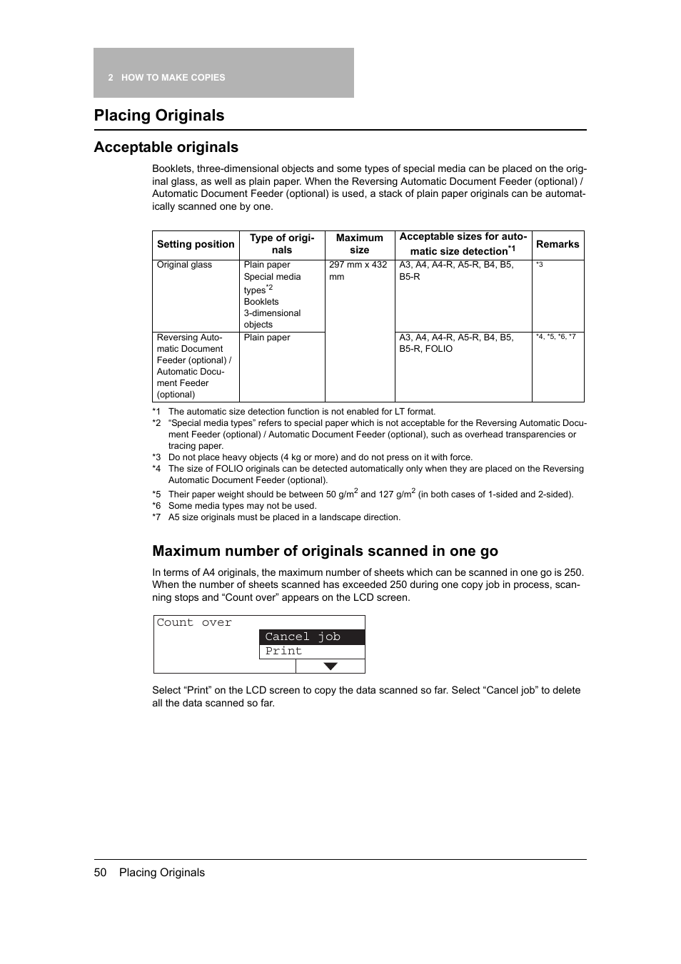 Placing originals, Acceptable originals, P.50 “placing originals | Maximum number of originals scanned in one go, Count over cancel job print | Toshiba 165 User Manual | Page 52 / 224