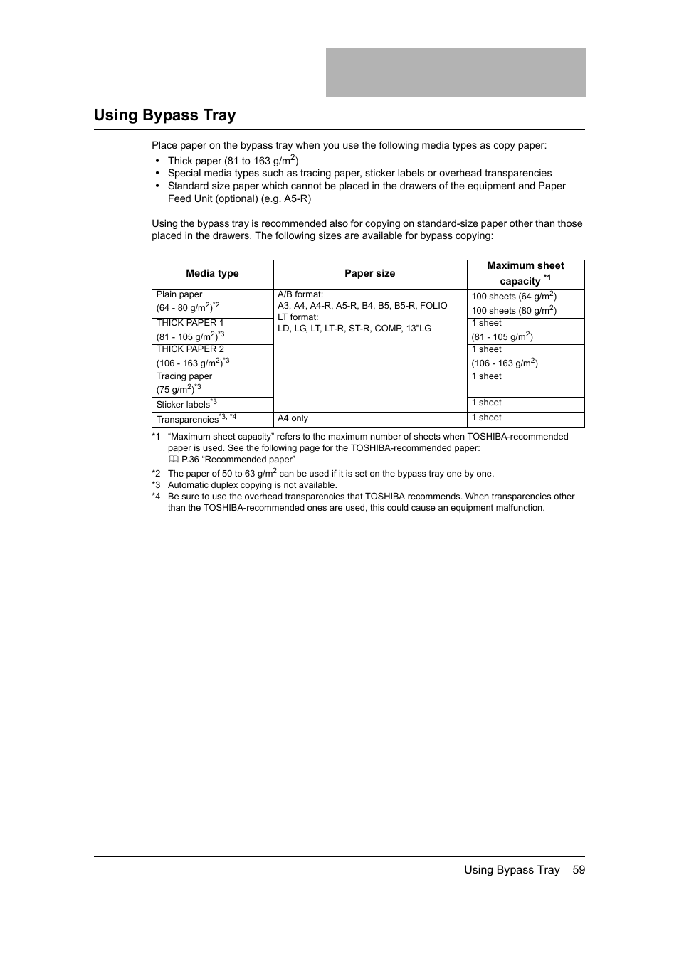 Using bypass tray, P.59 “using bypass tray | Toshiba 165 User Manual | Page 61 / 224