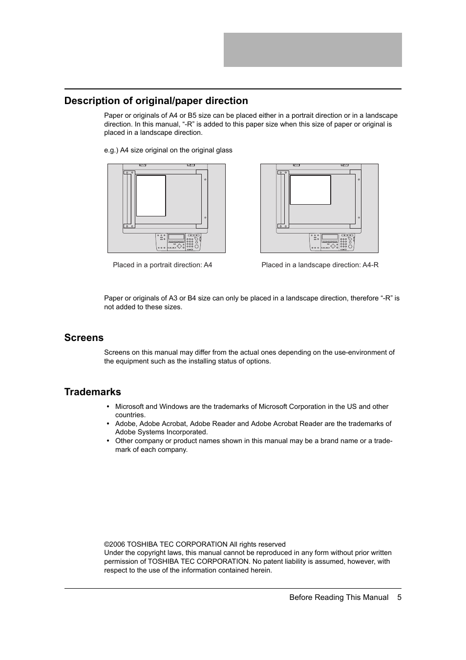 Description of original/paper direction, Screens, Trademarks | Toshiba 165 User Manual | Page 7 / 224