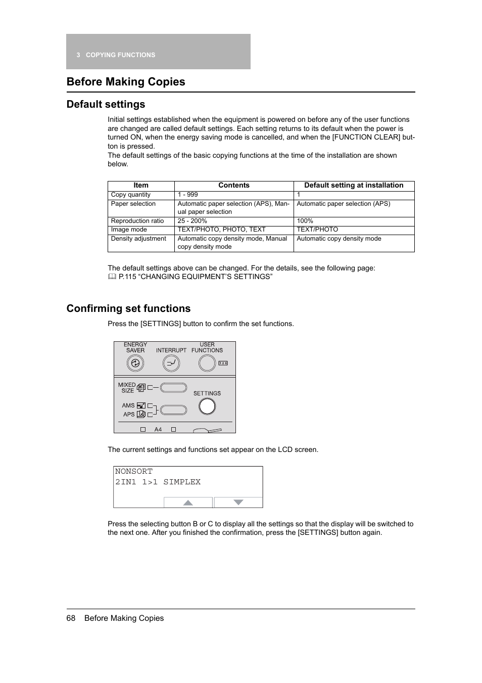 Before making copies, Default settings, Confirming set functions | Default settings confirming set functions, P.68 “confirming set functions | Toshiba 165 User Manual | Page 70 / 224