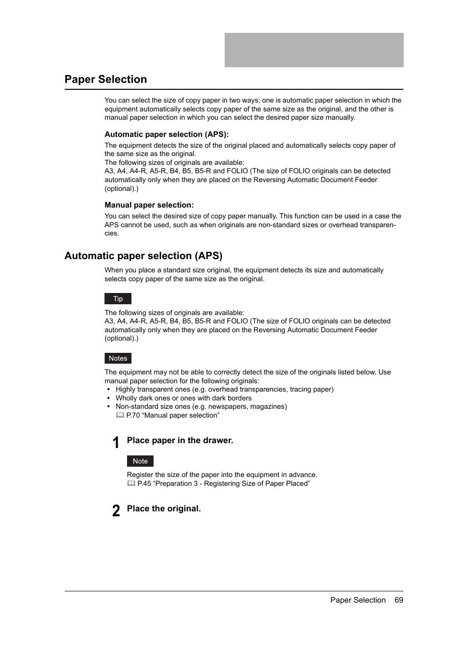 Paper selection, Automatic paper selection (aps), P.69 “paper selection | Toshiba 165 User Manual | Page 71 / 224