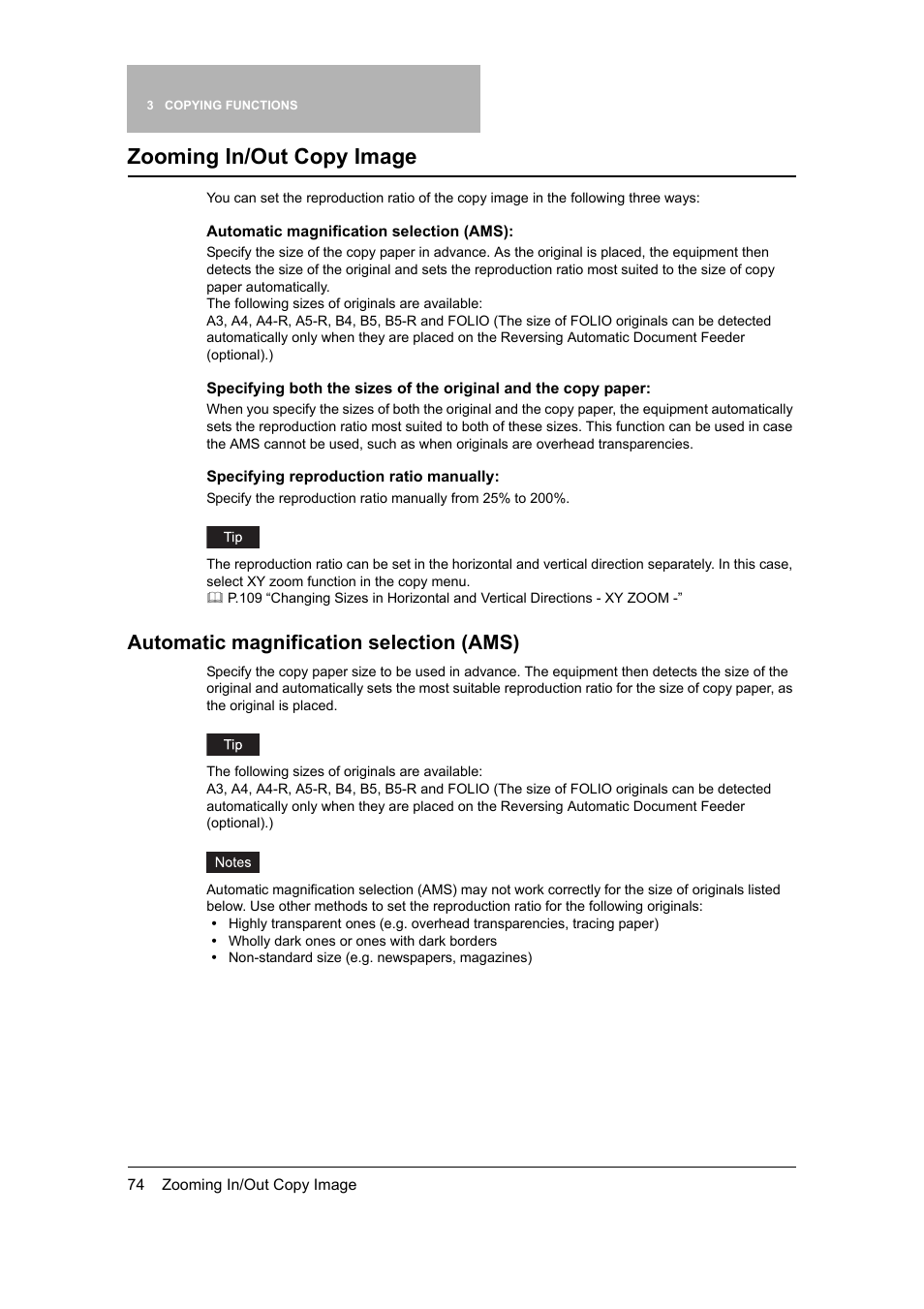 Zooming in/out copy image, Automatic magnification selection (ams), P.74 “automatic magnification selection (ams) | Toshiba 165 User Manual | Page 76 / 224