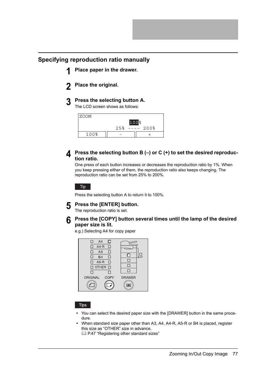 Specifying reproduction ratio manually, P.77 “specifying reproduction ratio manually | Toshiba 165 User Manual | Page 79 / 224