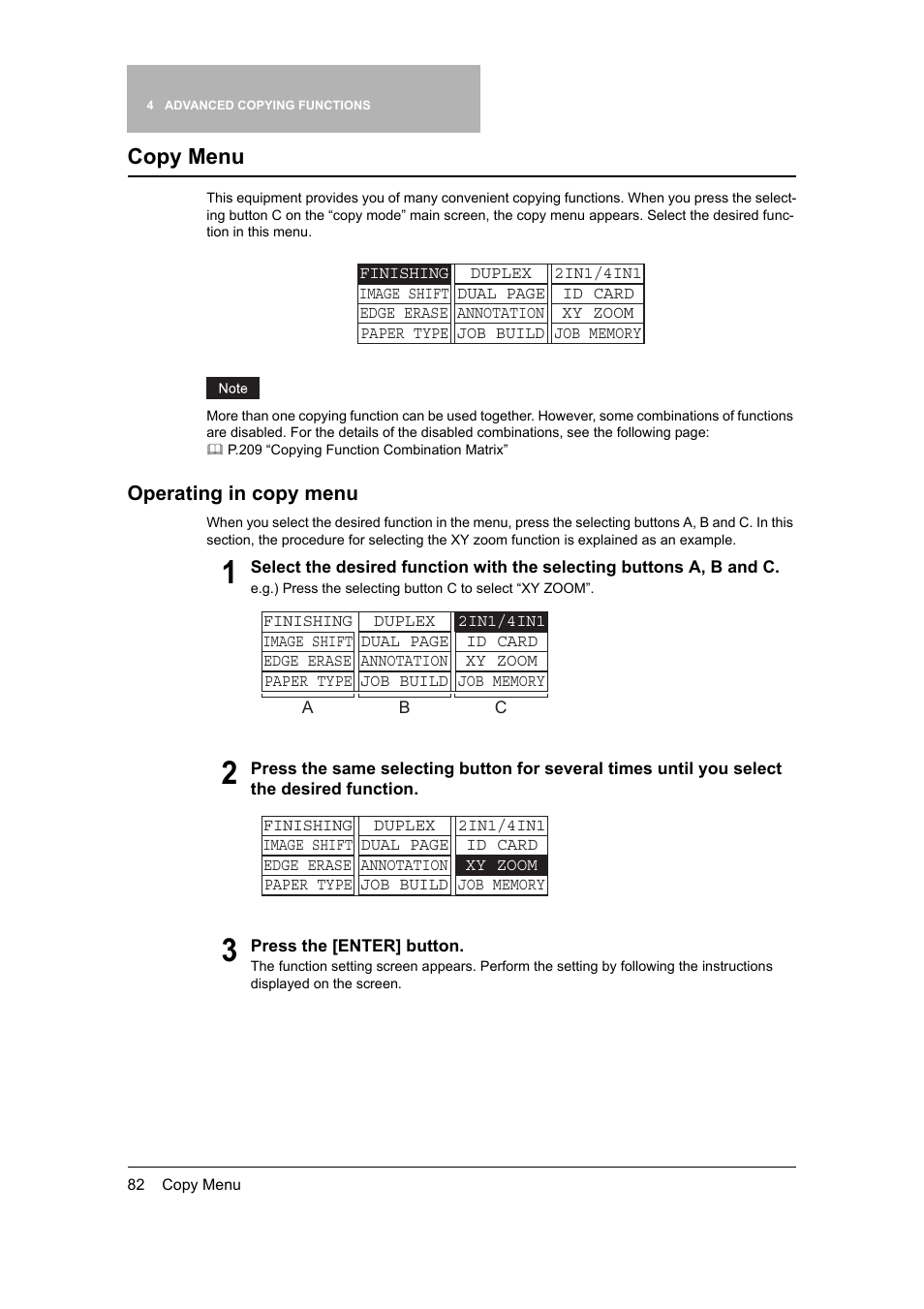 Copy menu, Operating in copy menu, P.82 “copy menu | Toshiba 165 User Manual | Page 84 / 224