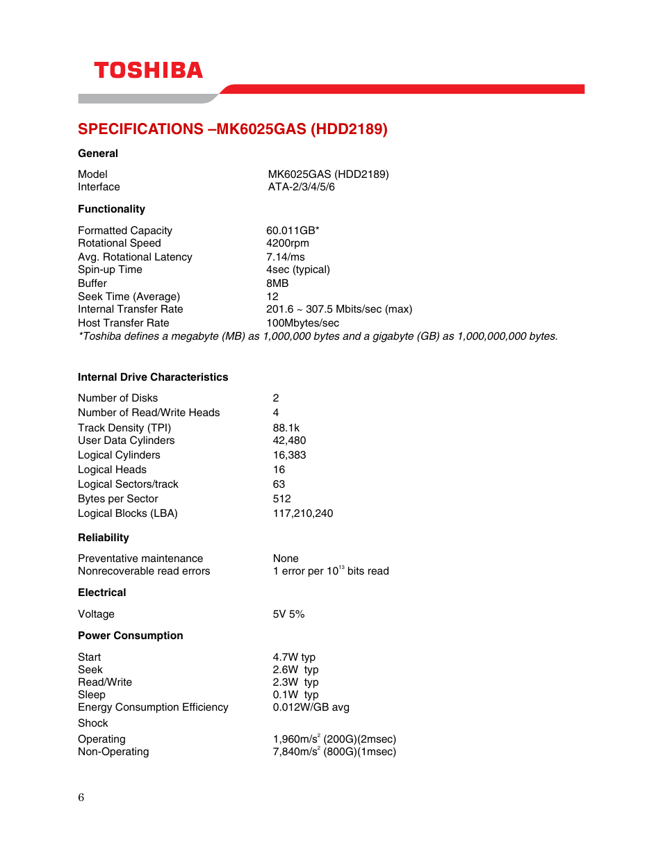 Specifications –mk6025gas (hdd2189) | Toshiba HDD2189 User Manual | Page 9 / 12