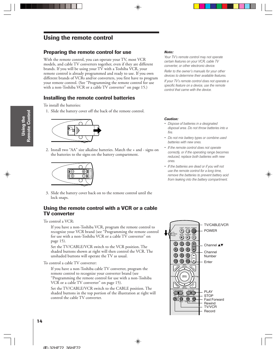 Using the remote control, Preparting for use, Using with a vcr or a cable tv converter | Preparing the remote control for use, Installing the remote control batteries | Toshiba 32HF72 User Manual | Page 14 / 55