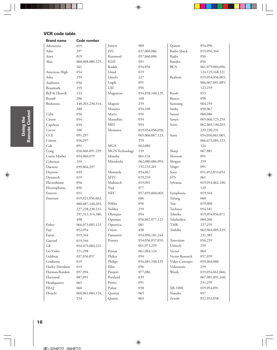 Vcr code table | Toshiba 32HF72 User Manual | Page 16 / 55