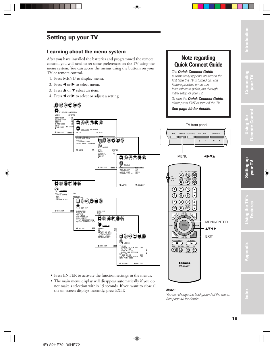 Setting up your tv, Learning about the menu system, Yzx • exit menu/enter menu x •zy tv front panel | Toshiba 32HF72 User Manual | Page 19 / 55