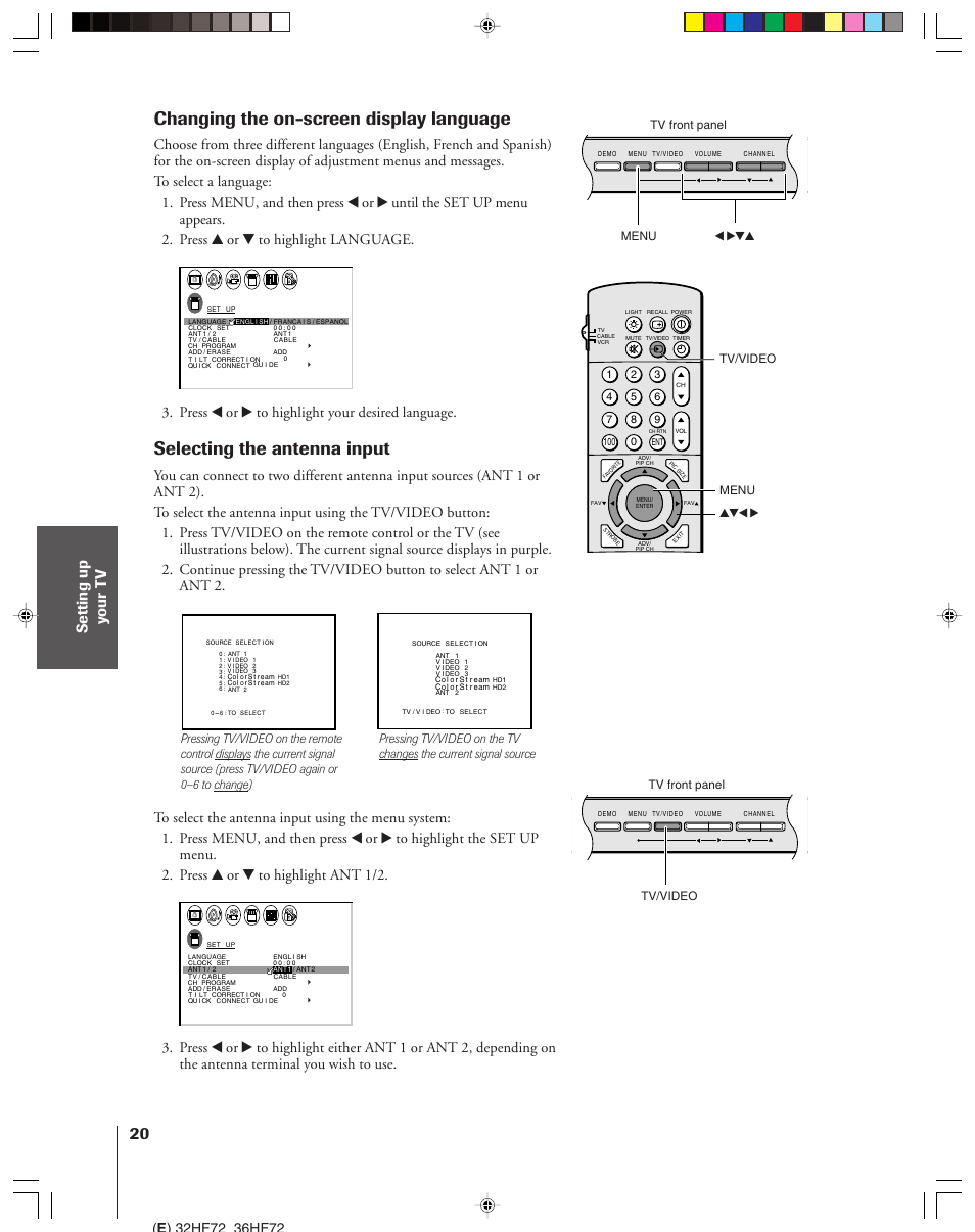 Changing on-screen display language, Selecting the antenna input, Changing the on-screen display language | Press x or • to highlight your desired language, Menu yzx • tv/video tv/video, Menu x •zy, Tv front panel | Toshiba 32HF72 User Manual | Page 20 / 55