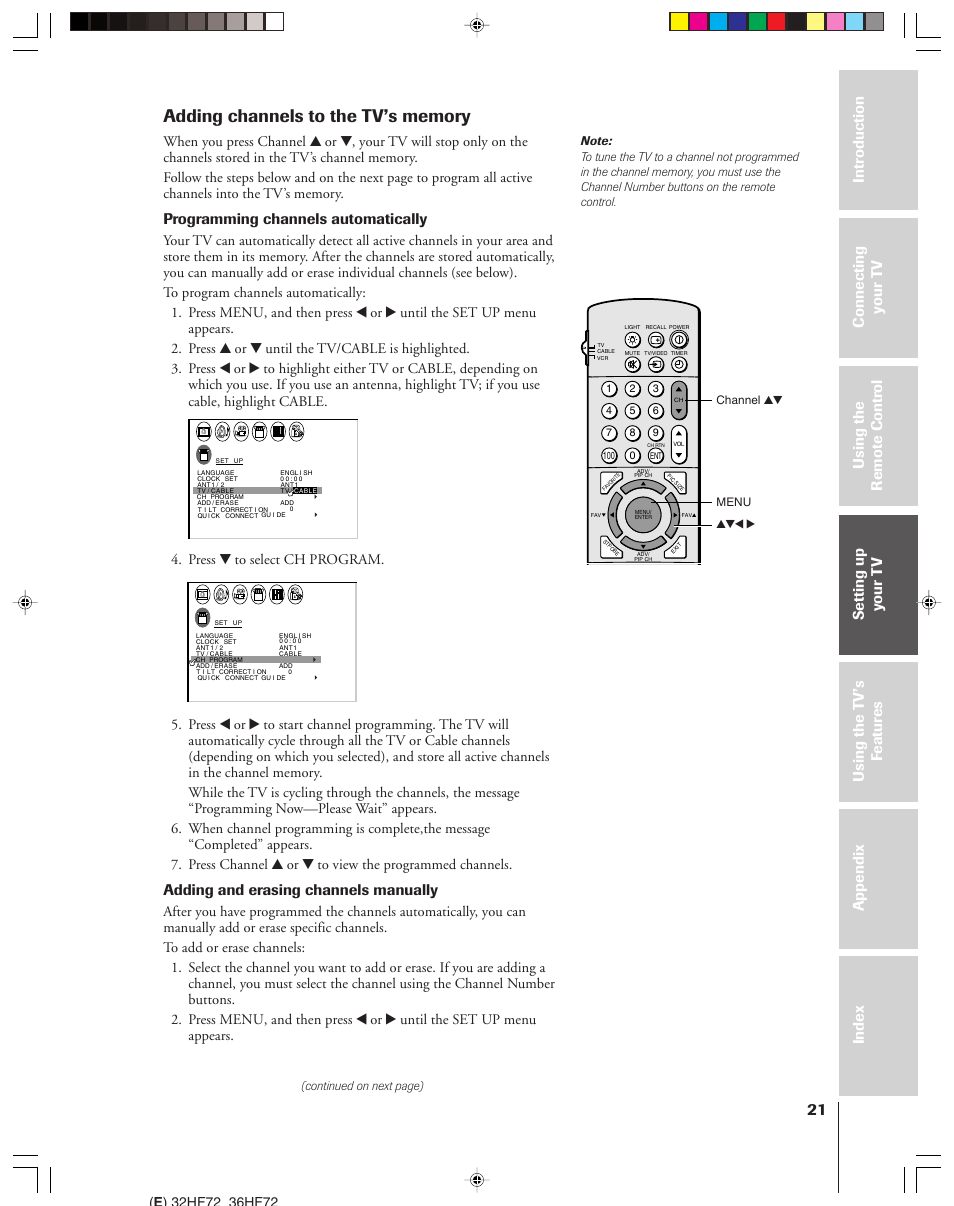 Adding channels to the tv's memory, Programming channels automatically, Adding and erasing channels manually | Press z to select ch program | Toshiba 32HF72 User Manual | Page 21 / 55