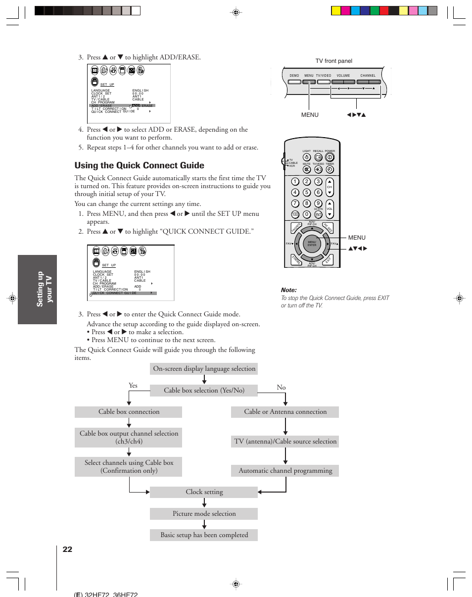 Using the quick connect guide, Press y or z to highlight add/erase, Yes no | Toshiba 32HF72 User Manual | Page 22 / 55