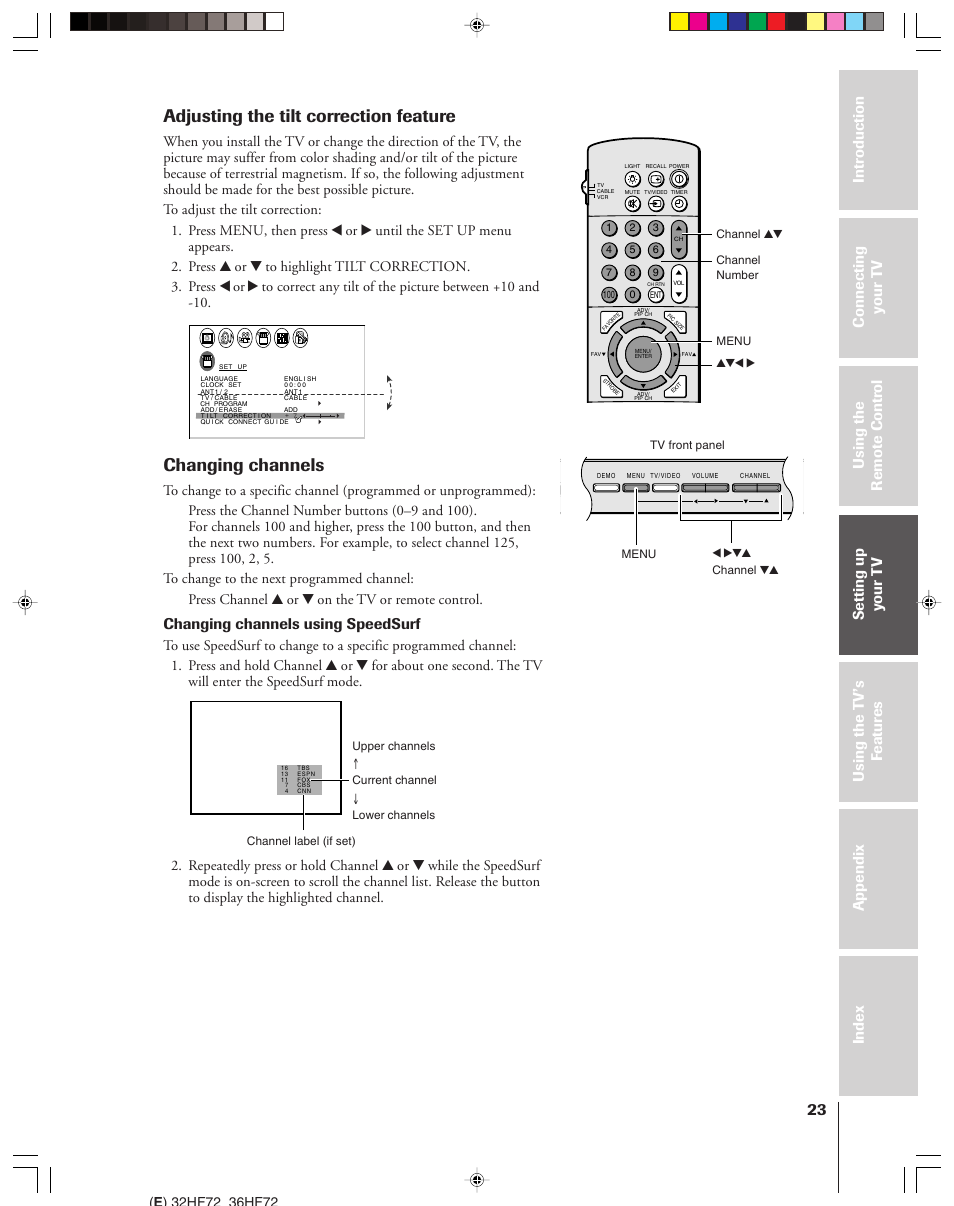 Adjusting the tilt correction feature, Changing channels, Changing channels using speedsurf | Toshiba 32HF72 User Manual | Page 23 / 55