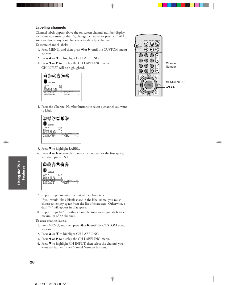 Labeling channels | Toshiba 32HF72 User Manual | Page 26 / 55