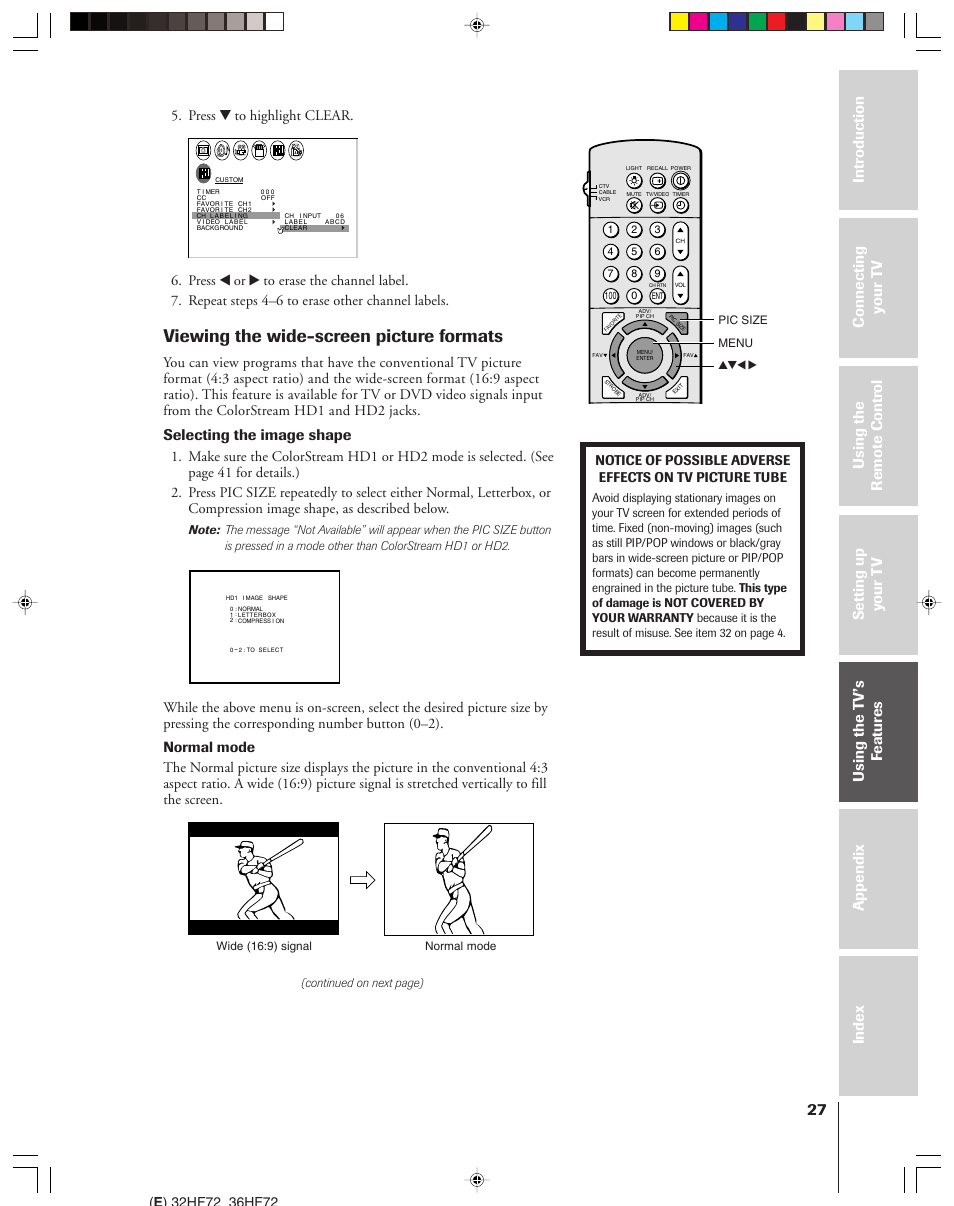 Viewing the wide-screen picture formats, Selecting the image shape, Press z to highlight clear | Toshiba 32HF72 User Manual | Page 27 / 55