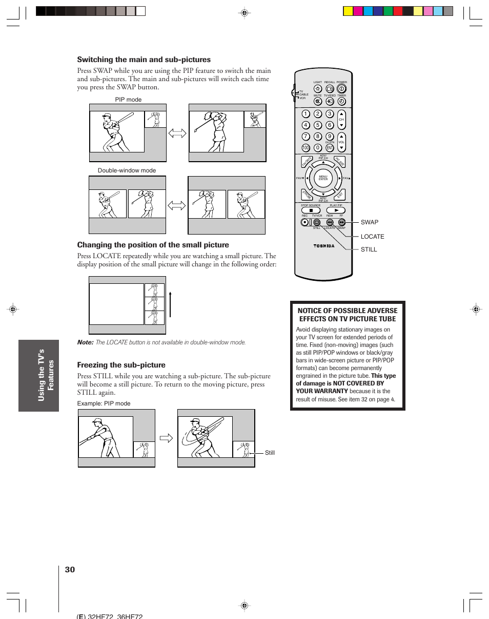 Switching the main and sub-pictures, Changing the position of the small picture, Freezing the sub-picture | Toshiba 32HF72 User Manual | Page 30 / 55