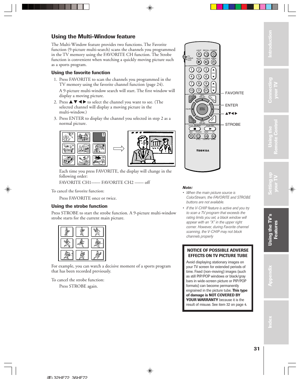 Using the multi-window feature, Using the favorite function, Using the strobe function | Press favorite once or twice | Toshiba 32HF72 User Manual | Page 31 / 55