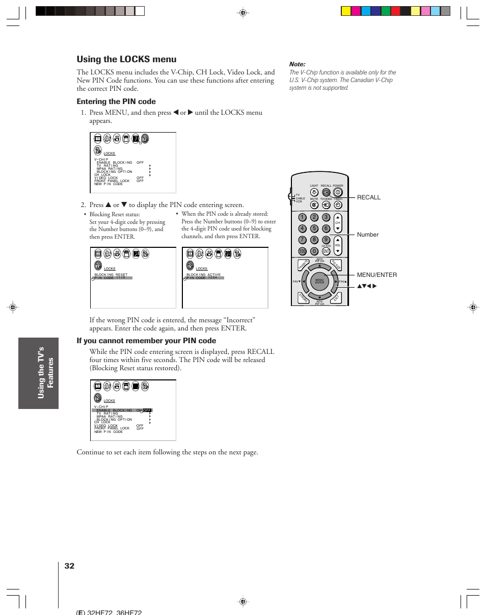 Using the locks menu, Entering the pin code, If you cannot remember your pin code | Toshiba 32HF72 User Manual | Page 32 / 55