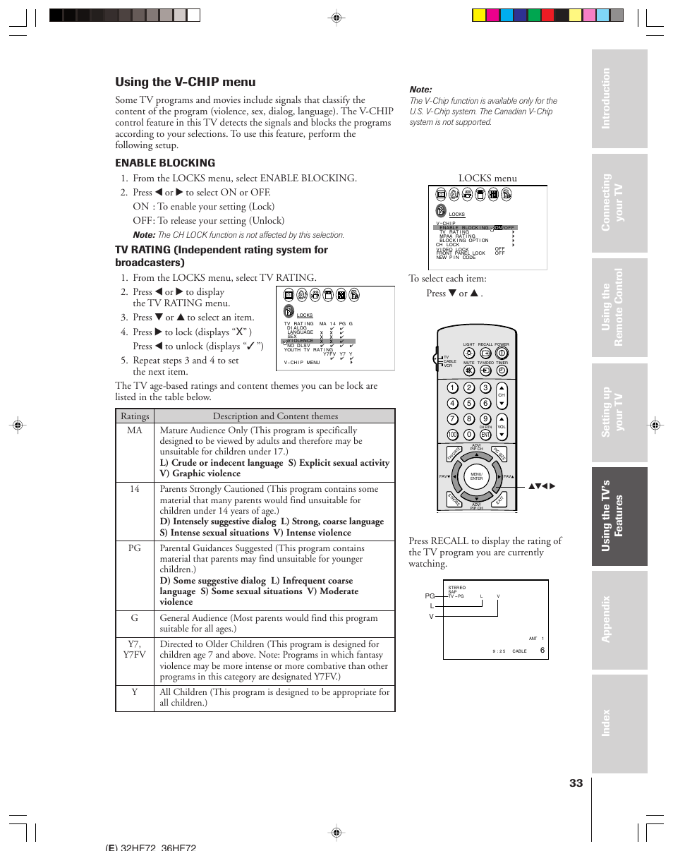 Using the v-chip menu, Enable blocking, Locks menu | Toshiba 32HF72 User Manual | Page 33 / 55