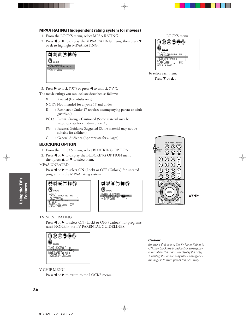 Mpaa rating (independent rating system for movies), Blocking option, Press • to lock (“x”) or press x to unlock (“✓”) | Toshiba 32HF72 User Manual | Page 34 / 55