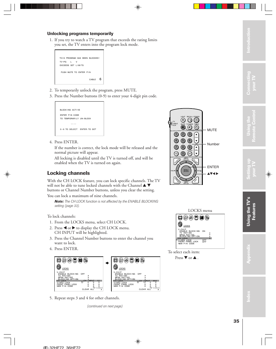 Locking channels, Unlocking programs temporarily, Repeat steps 3 and 4 for other channels | Locks menu, Continued on next page), Enter yzx • mute number | Toshiba 32HF72 User Manual | Page 35 / 55