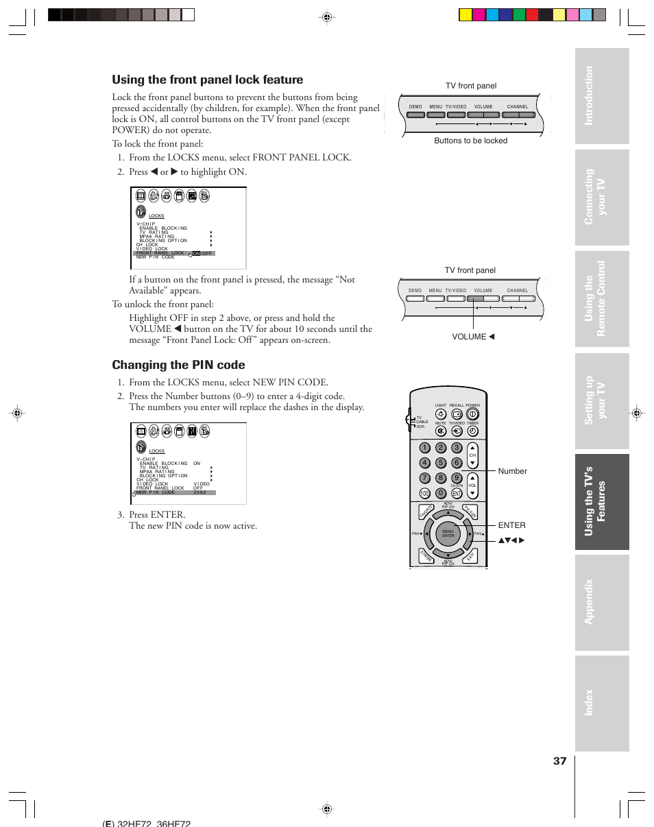 Using the front panel lock feature, Changing the pin code, Press enter. the new pin code is now active | Toshiba 32HF72 User Manual | Page 37 / 55