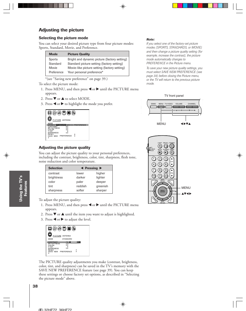 Adjusting the picture, Selecting the picture mode, Adjusting the picture quality | Toshiba 32HF72 User Manual | Page 38 / 55