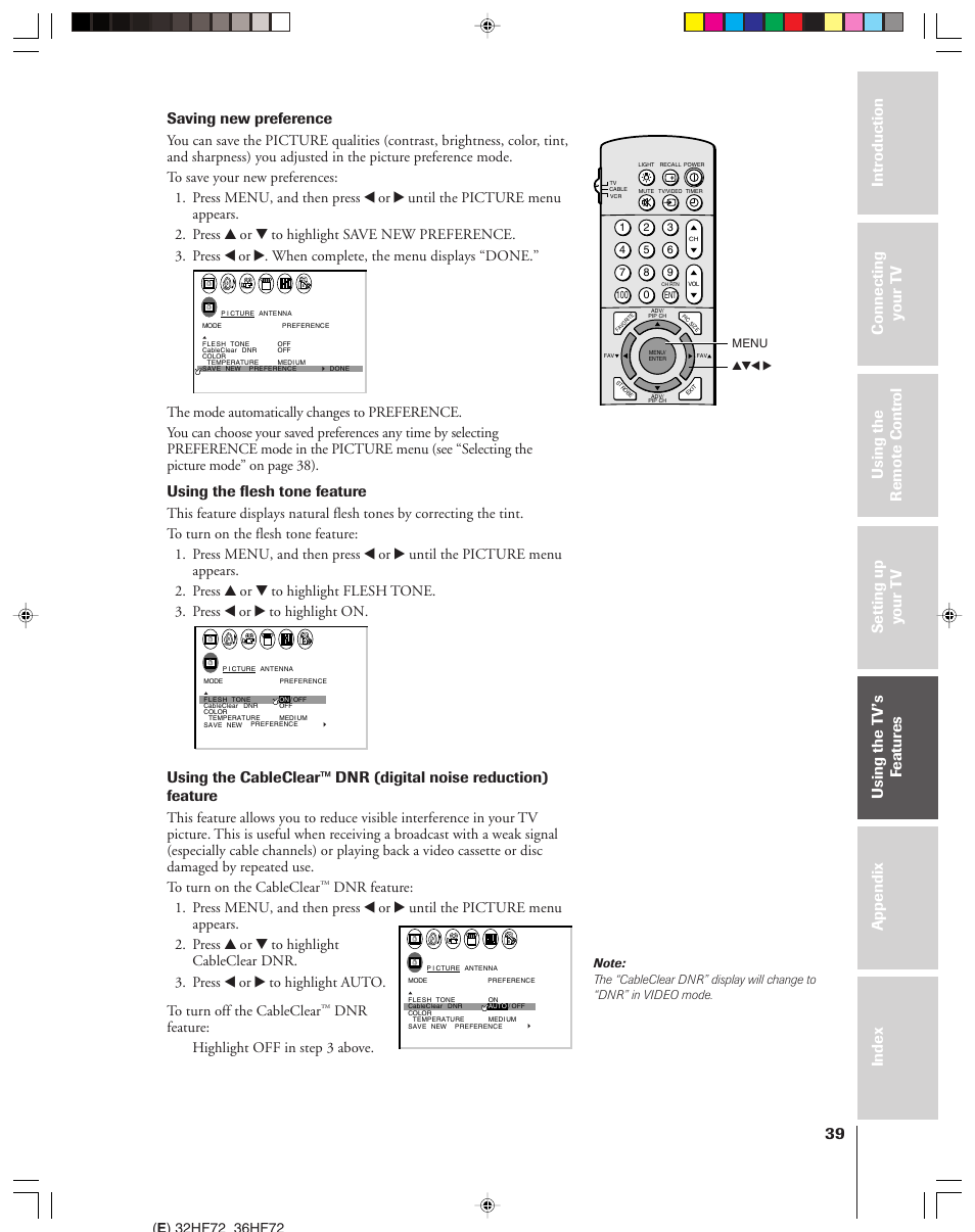 Saving new preference, Using the flesh tone feature, Dnr feature: highlight off in step 3 above | Toshiba 32HF72 User Manual | Page 39 / 55